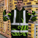 Hi Vis Zip Hoodie Reflective Tapes Hawaiian Polynesian Tribal Custom Name Safety Workwear For Workers, Truckers, Operators