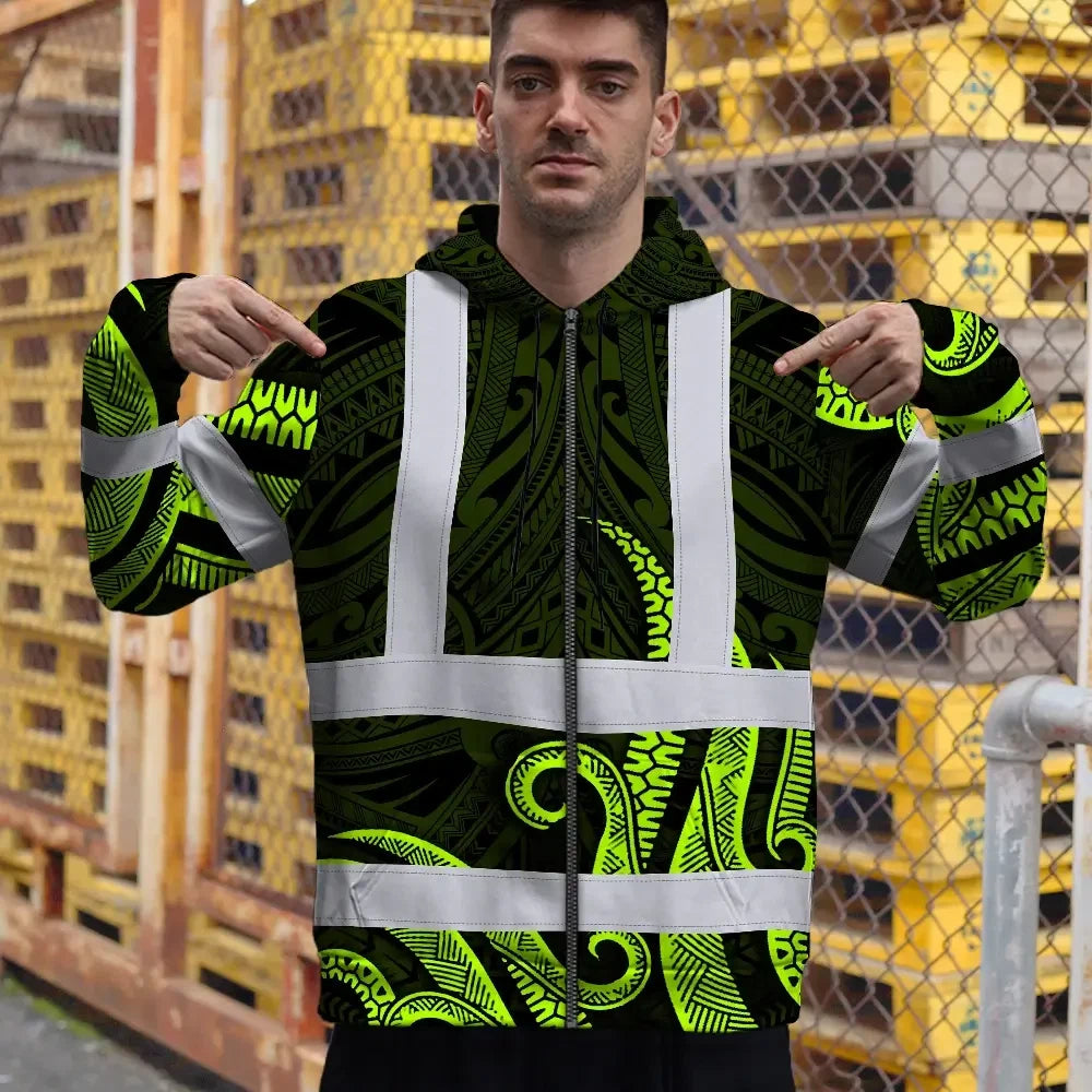 Hi Vis Zip Hoodie Reflective Tapes Hawaiian Polynesian Tribal Custom Name Safety Workwear For Workers, Truckers, Operators