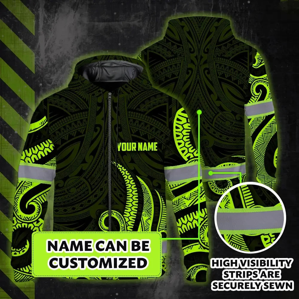Hi Vis Zip Hoodie Reflective Tapes Hawaiian Polynesian Tribal Custom Name