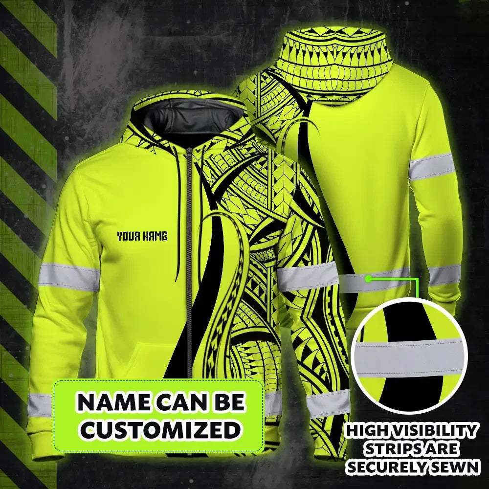 Hi Vis Zip Hoodie Reflective Tapes Lime And Black Neon Hawaii Custom Name Safety Workwear For Workers, Truckers, Operators