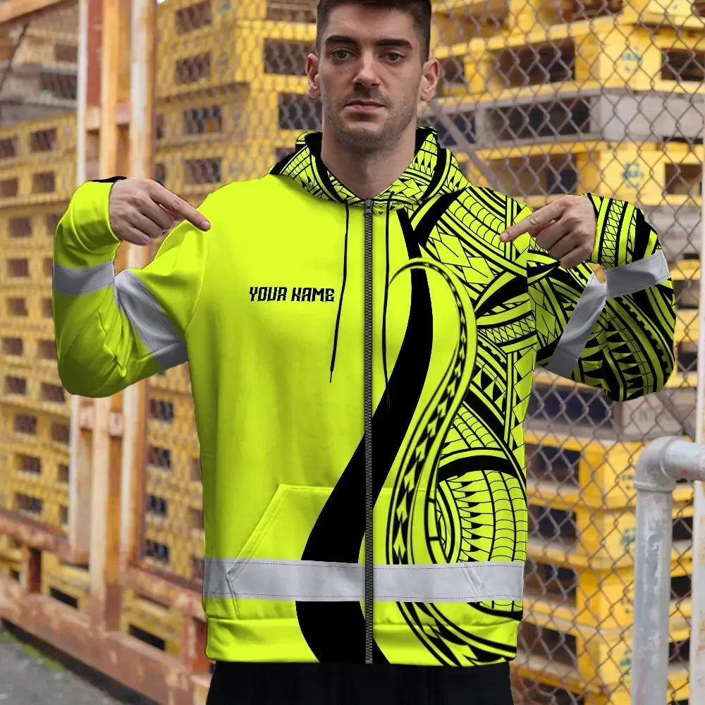 Hi Vis Zip Hoodie Reflective Tapes Lime And Black Neon Hawaii Custom Name Safety Workwear For Workers, Truckers, Operators