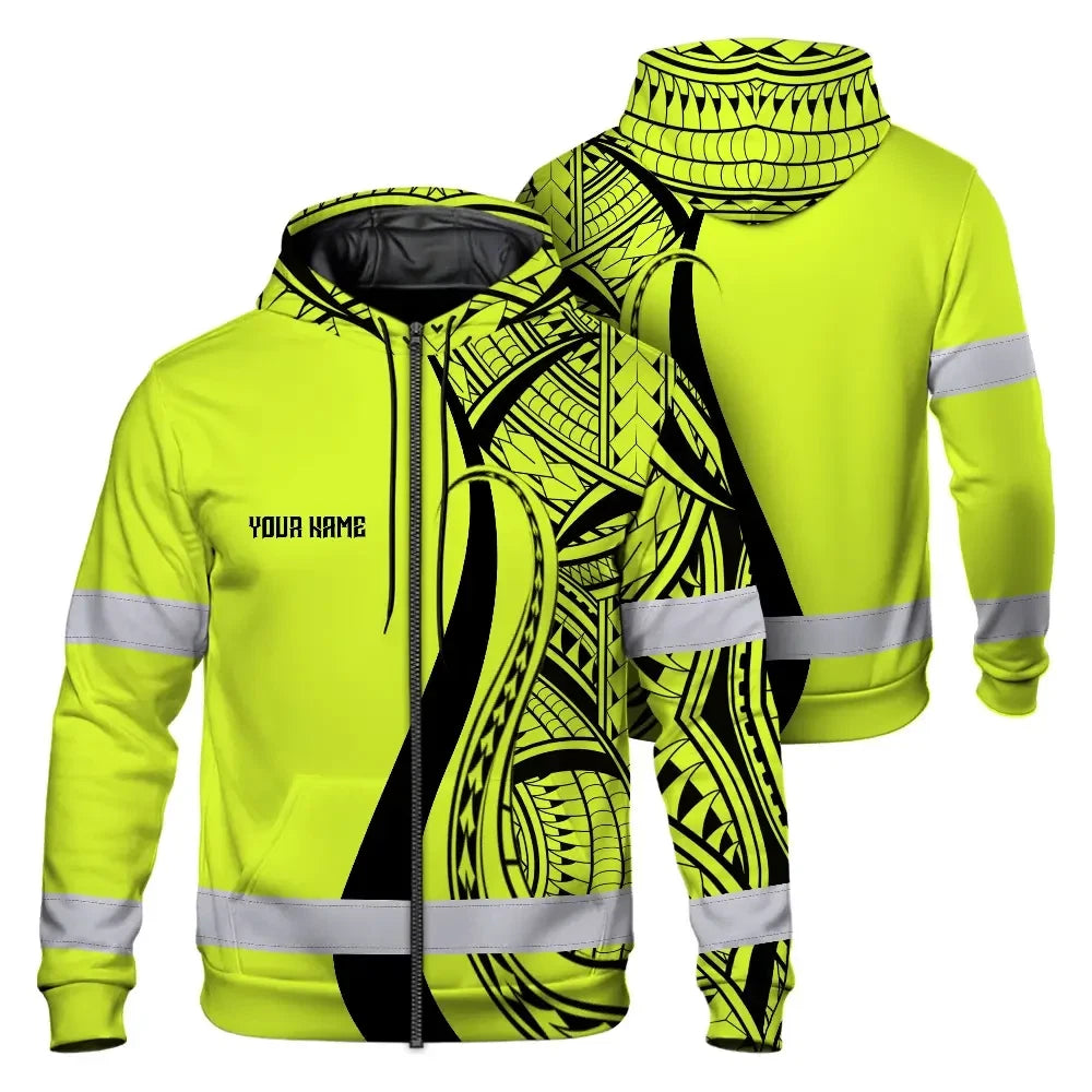 Hi Vis Zip Hoodie Reflective Tapes Lime And Black Neon Hawaii Custom Name Safety Workwear For Workers, Truckers, Operators