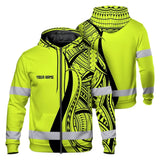 Hi Vis Zip Hoodie Reflective Tapes Lime And Black Neon Hawaii Custom Name Safety Workwear For Workers, Truckers, Operators