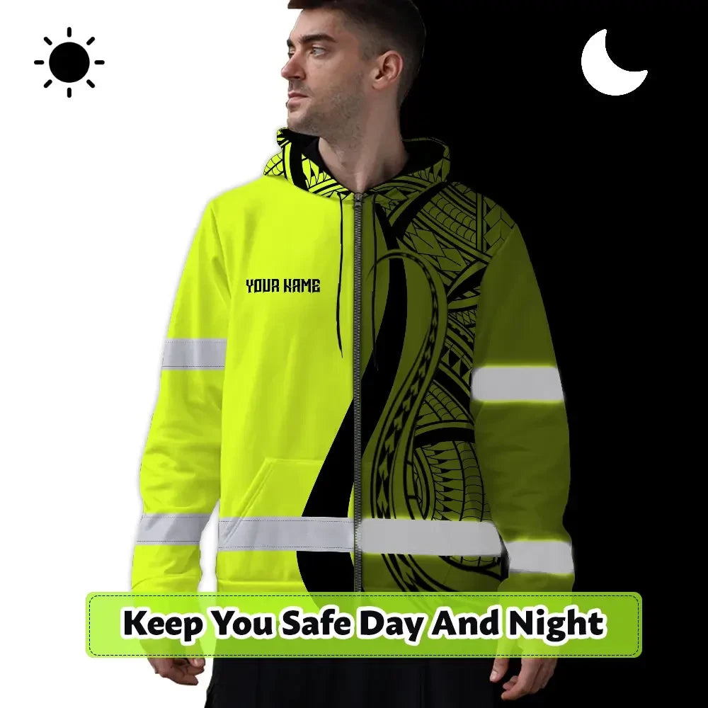 Hi Vis Zip Hoodie Reflective Tapes Lime And Black Neon Hawaii Custom Name Safety Workwear For Workers, Truckers, Operators