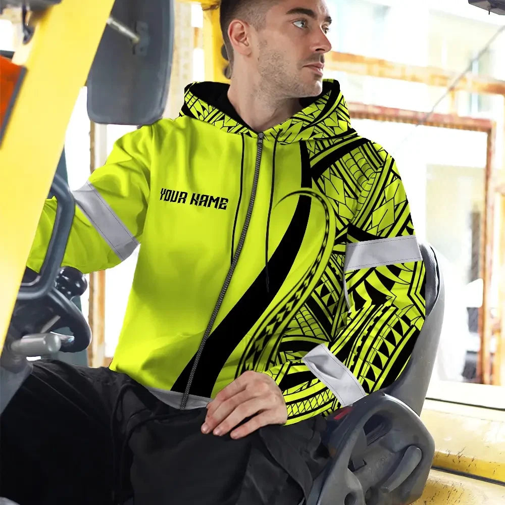 Hi Vis Zip Hoodie Reflective Tapes Lime And Black Neon Hawaii Custom Name Safety Workwear For Workers, Truckers, Operators