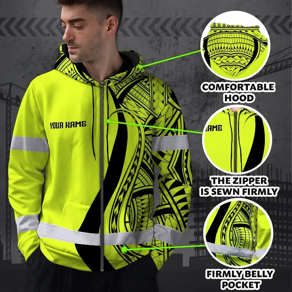 Hi Vis Zip Hoodie Reflective Tapes Lime And Black Neon Hawaii Custom Name Safety Workwear For Workers, Truckers, Operators