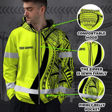 Hi Vis Zip Hoodie Reflective Tapes Lime And Black Neon Hawaii Custom Name Safety Workwear For Workers, Truckers, Operators