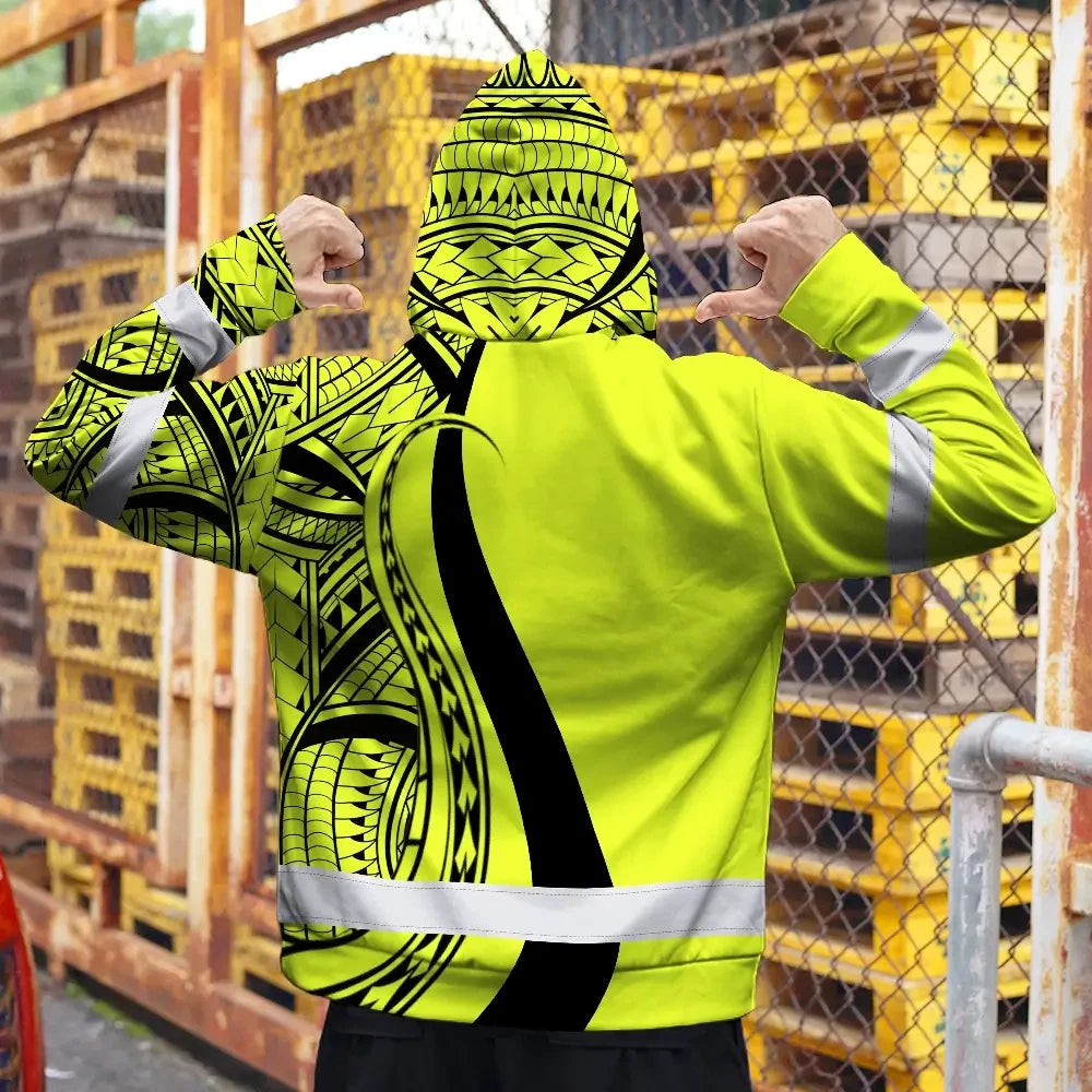 Hi Vis Zip Hoodie Reflective Tapes Lime And Black Neon Hawaii Custom Name Safety Workwear For Workers, Truckers, Operators