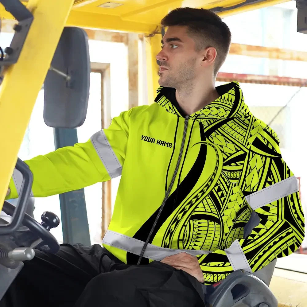 Hi Vis Zip Hoodie Reflective Tapes Lime And Black Neon Hawaii Custom Name Safety Workwear For Workers, Truckers, Operators
