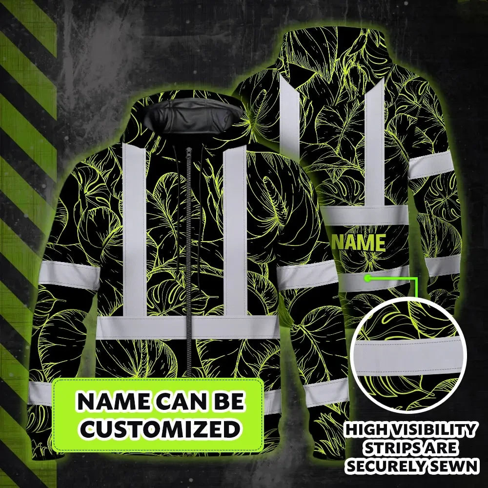 Hi Vis Zip Hoodie Reflective Tapes Lime Neon Flowers Custom Name Safety Workwear For Workers, Truckers, Operators