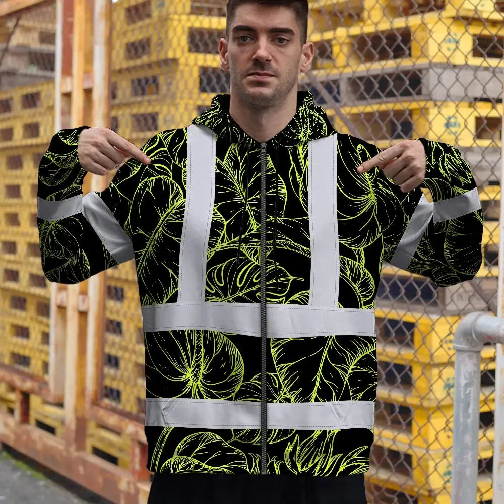 Hi Vis Zip Hoodie Reflective Tapes Lime Neon Flowers Custom Name Safety Workwear For Workers, Truckers, Operators