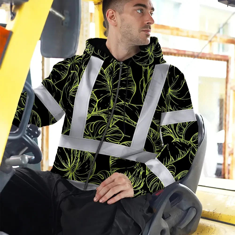Hi Vis Zip Hoodie Reflective Tapes Lime Neon Flowers Custom Name Safety Workwear For Workers, Truckers, Operators