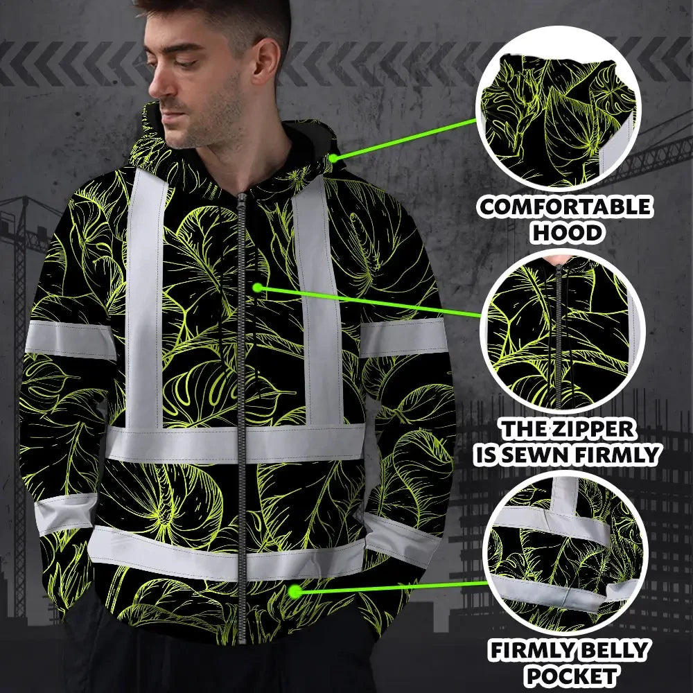 Hi Vis Zip Hoodie Reflective Tapes Lime Neon Flowers Custom Name Safety Workwear For Workers, Truckers, Operators