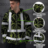 Hi Vis Zip Hoodie Reflective Tapes Lime Neon Flowers Custom Name Safety Workwear For Workers, Truckers, Operators
