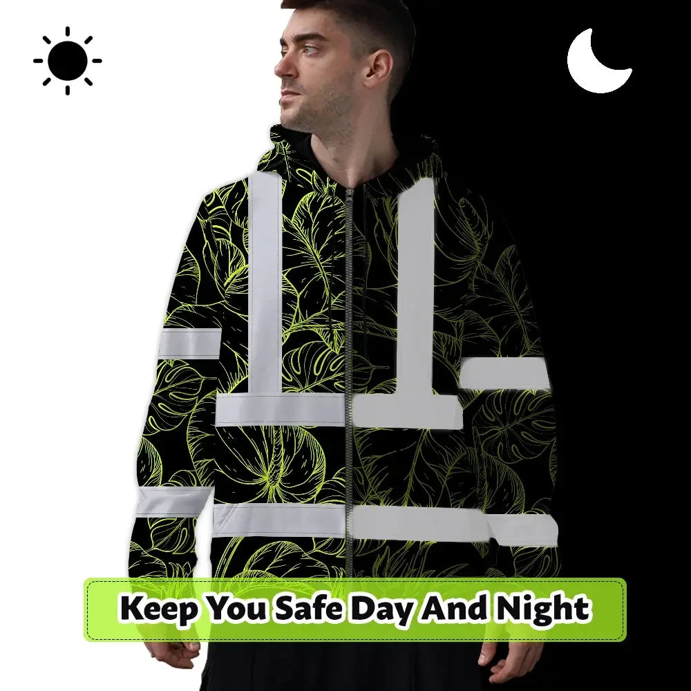 Hi Vis Zip Hoodie Reflective Tapes Lime Neon Flowers Custom Name Safety Workwear For Workers, Truckers, Operators