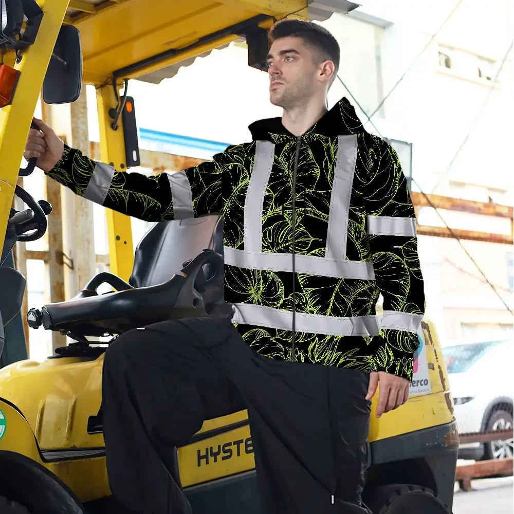 Hi Vis Zip Hoodie Reflective Tapes Lime Neon Flowers Custom Name Safety Workwear For Workers, Truckers, Operators