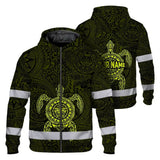 Hi Vis Zip Hoodie Reflective Tapes Lime Neon Hawaii Turtle Custom Name Safety Workwear For Workers, Truckers, Operators