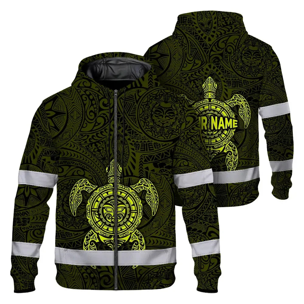 Hi Vis Zip Hoodie Reflective Tapes Lime Neon Hawaii Turtle Custom Name Safety Workwear For Workers, Truckers, Operators