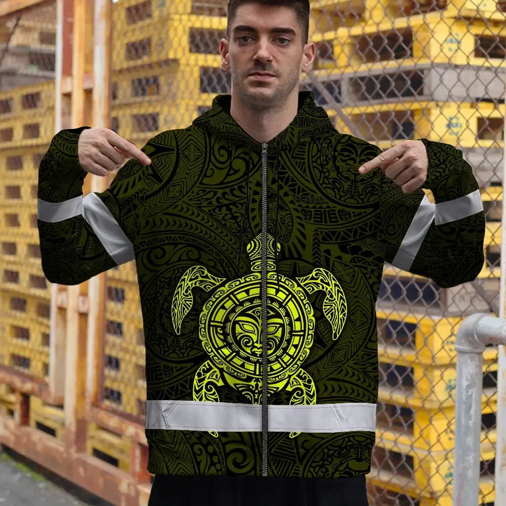 Hi Vis Zip Hoodie Reflective Tapes Lime Neon Hawaii Turtle Custom Name Safety Workwear For Workers, Truckers, Operators