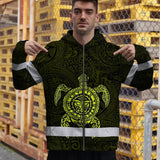 Hi Vis Zip Hoodie Reflective Tapes Lime Neon Hawaii Turtle Custom Name Safety Workwear For Workers, Truckers, Operators