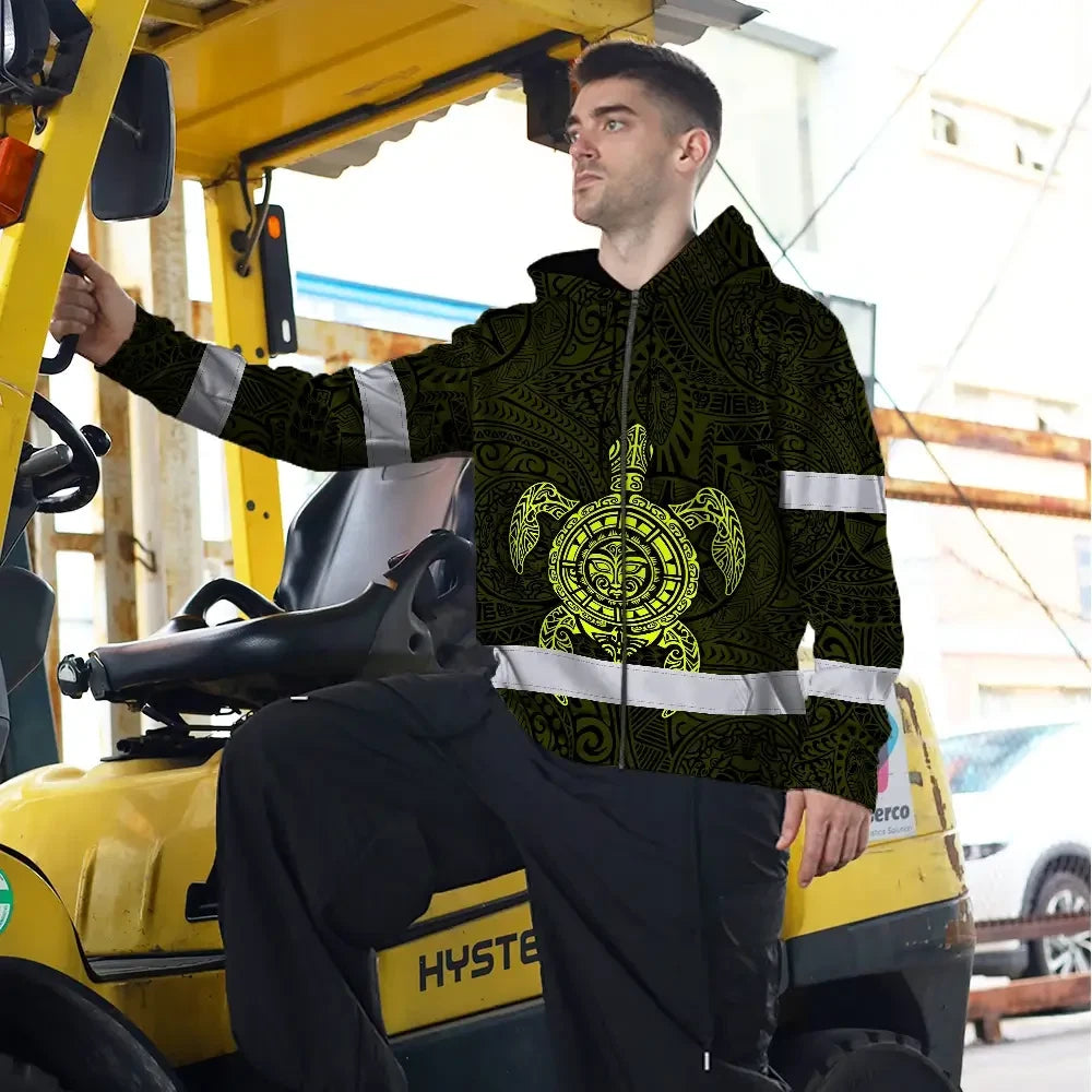 Hi Vis Zip Hoodie Reflective Tapes Lime Neon Hawaii Turtle Custom Name Safety Workwear For Workers, Truckers, Operators