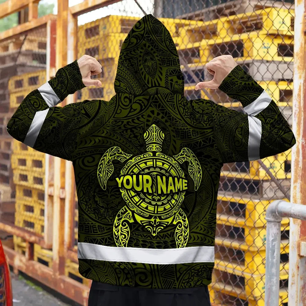 Hi Vis Zip Hoodie Reflective Tapes Lime Neon Hawaii Turtle Custom Name Safety Workwear For Workers, Truckers, Operators