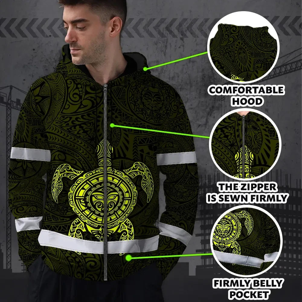 Hi Vis Zip Hoodie Reflective Tapes Lime Neon Hawaii Turtle Custom Name Safety Workwear For Workers, Truckers, Operators