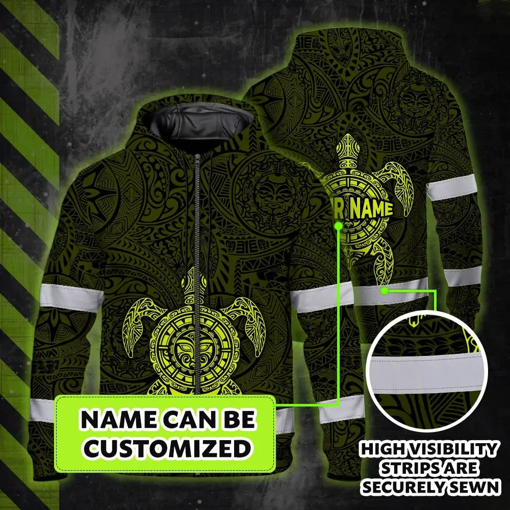Hi Vis Zip Hoodie Reflective Tapes Lime Neon Hawaii Turtle Custom Name Safety Workwear For Workers, Truckers, Operators
