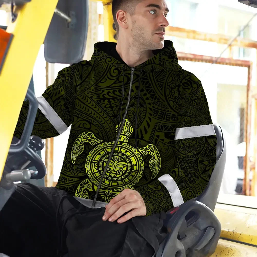 Hi Vis Zip Hoodie Reflective Tapes Lime Neon Hawaii Turtle Custom Name Safety Workwear For Workers, Truckers, Operators