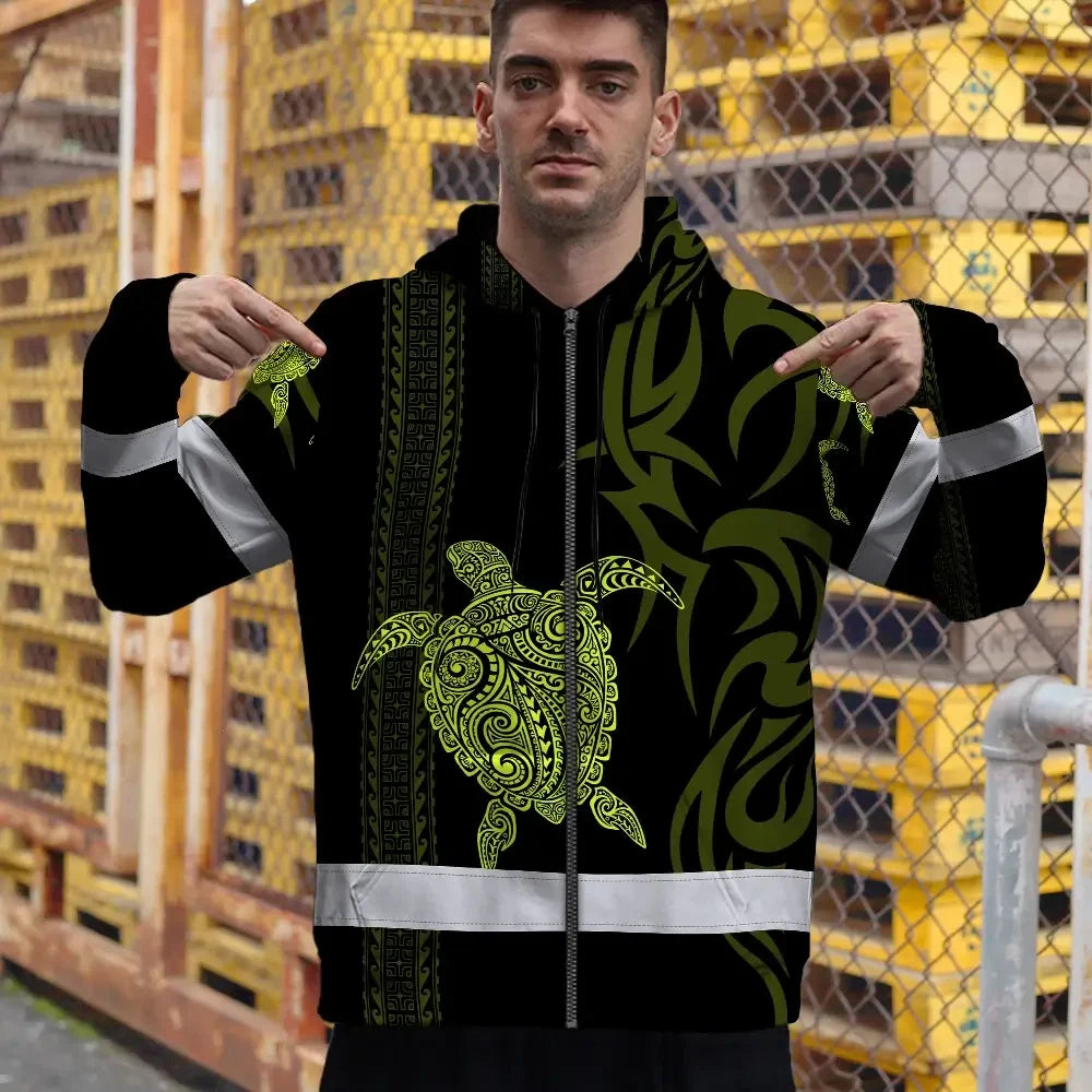 Hi Vis Zip Hoodie Reflective Tapes Lime Neon Hawaiian Polynesian Tribal Custom Name Safety Workwear For Workers, Truckers, Operators