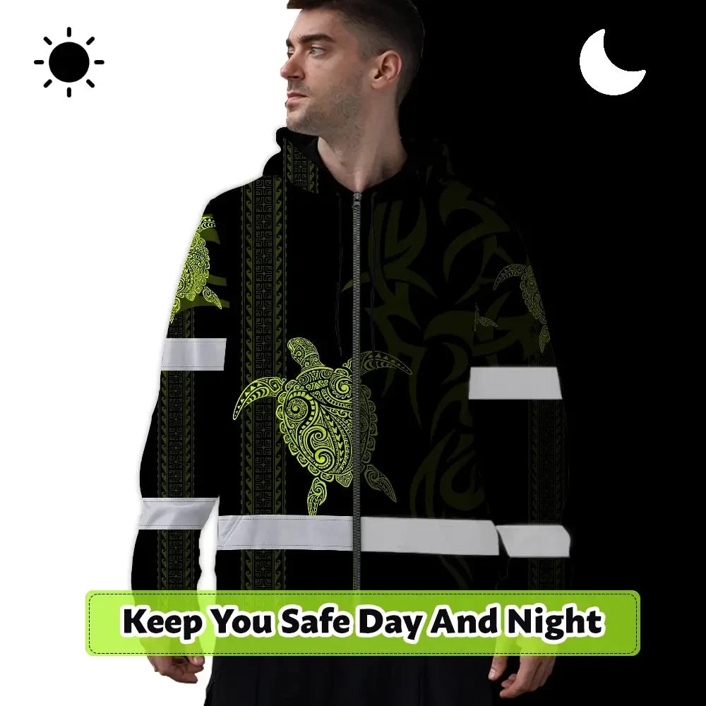 Hi Vis Zip Hoodie Reflective Tapes Lime Neon Hawaiian Polynesian Tribal Custom Name Safety Workwear For Workers, Truckers, Operators