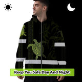 Hi Vis Zip Hoodie Reflective Tapes Lime Neon Hawaiian Polynesian Tribal Custom Name Safety Workwear For Workers, Truckers, Operators