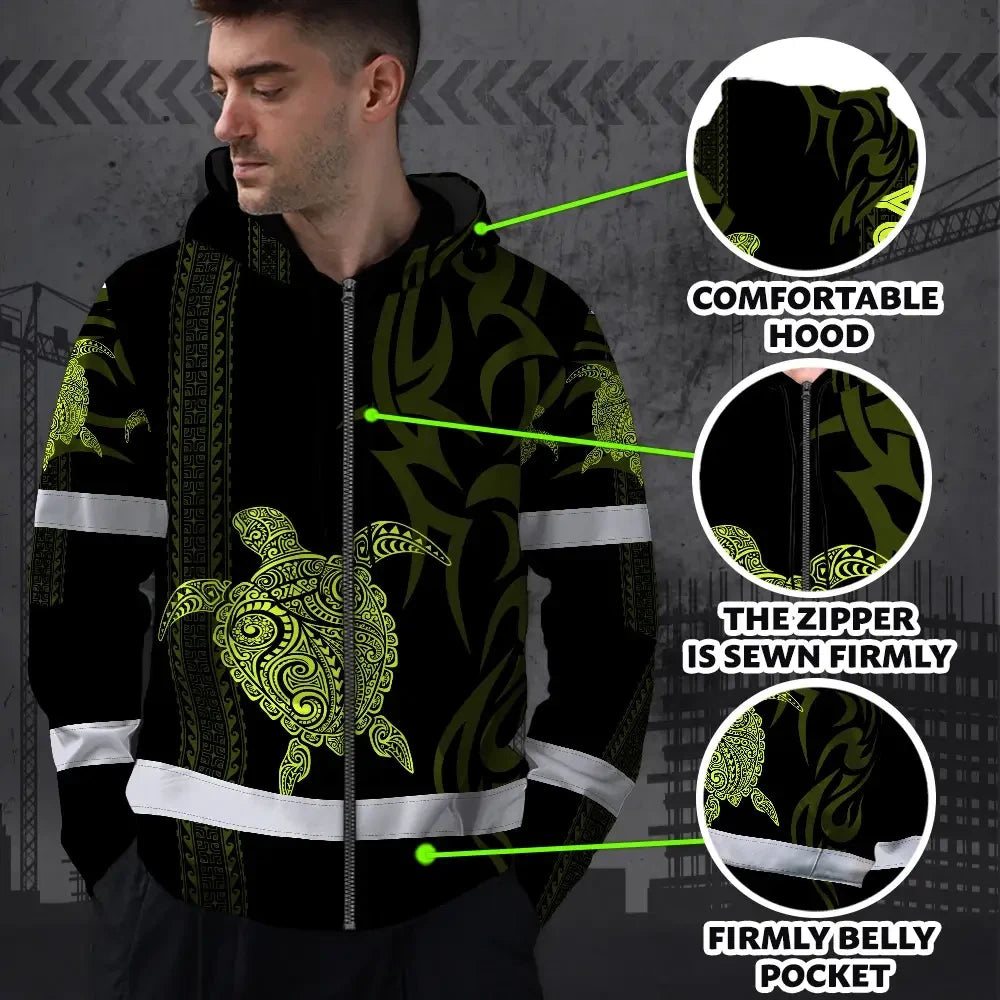 Hi Vis Zip Hoodie Reflective Tapes Lime Neon Hawaiian Polynesian Tribal Custom Name Safety Workwear For Workers, Truckers, Operators