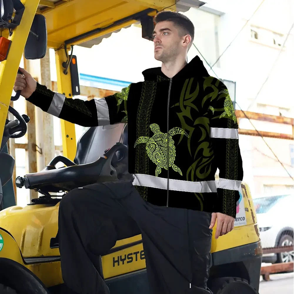Hi Vis Zip Hoodie Reflective Tapes Lime Neon Hawaiian Polynesian Tribal Custom Name Safety Workwear For Workers, Truckers, Operators