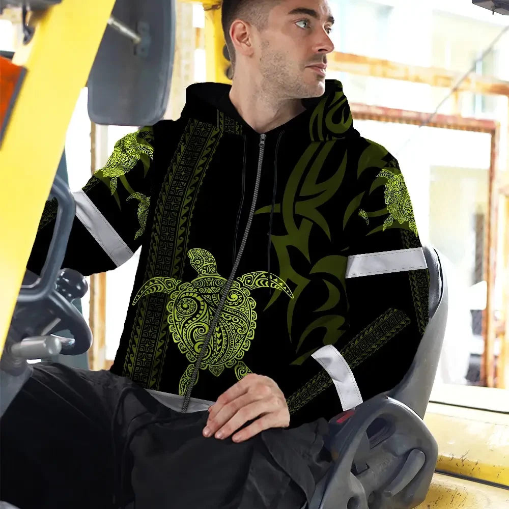 Hi Vis Zip Hoodie Reflective Tapes Lime Neon Hawaiian Polynesian Tribal Custom Name Safety Workwear For Workers, Truckers, Operators