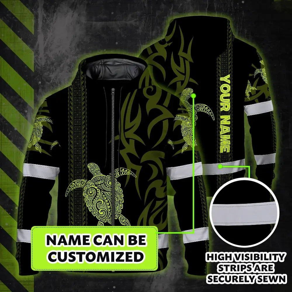Hi Vis Zip Hoodie Reflective Tapes Lime Neon Hawaiian Polynesian Tribal Custom Name Safety Workwear For Workers, Truckers, Operators