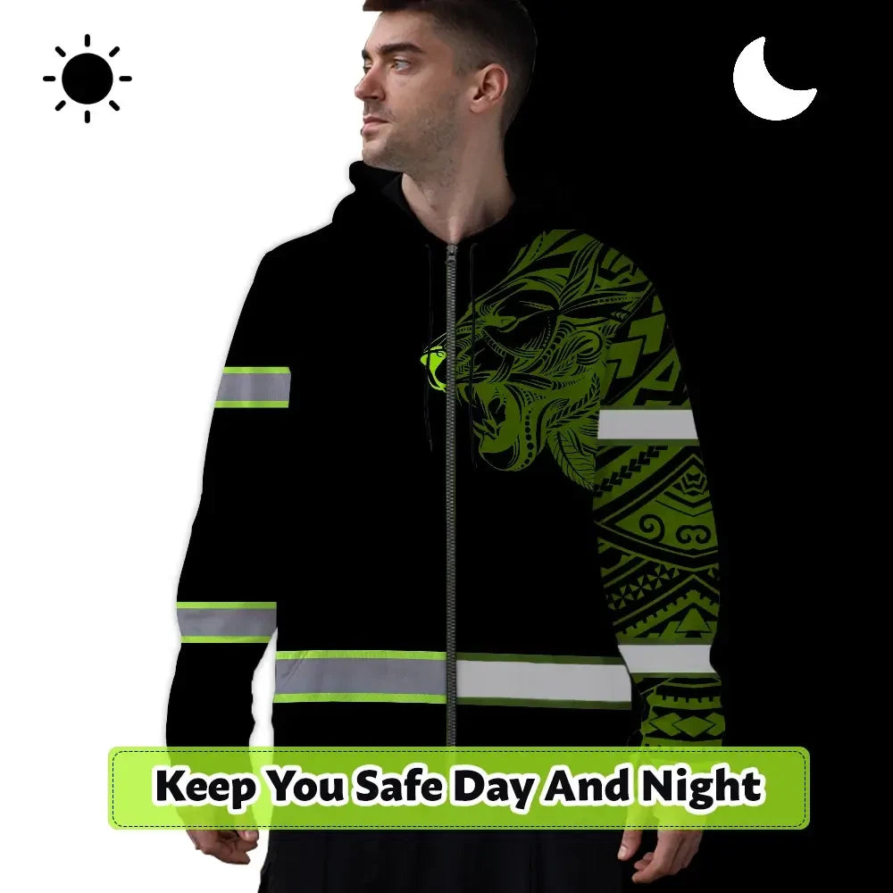 Hi Vis Zip Hoodie Reflective Tapes Lion Hawaiian Polynesian Tribal Custom Name