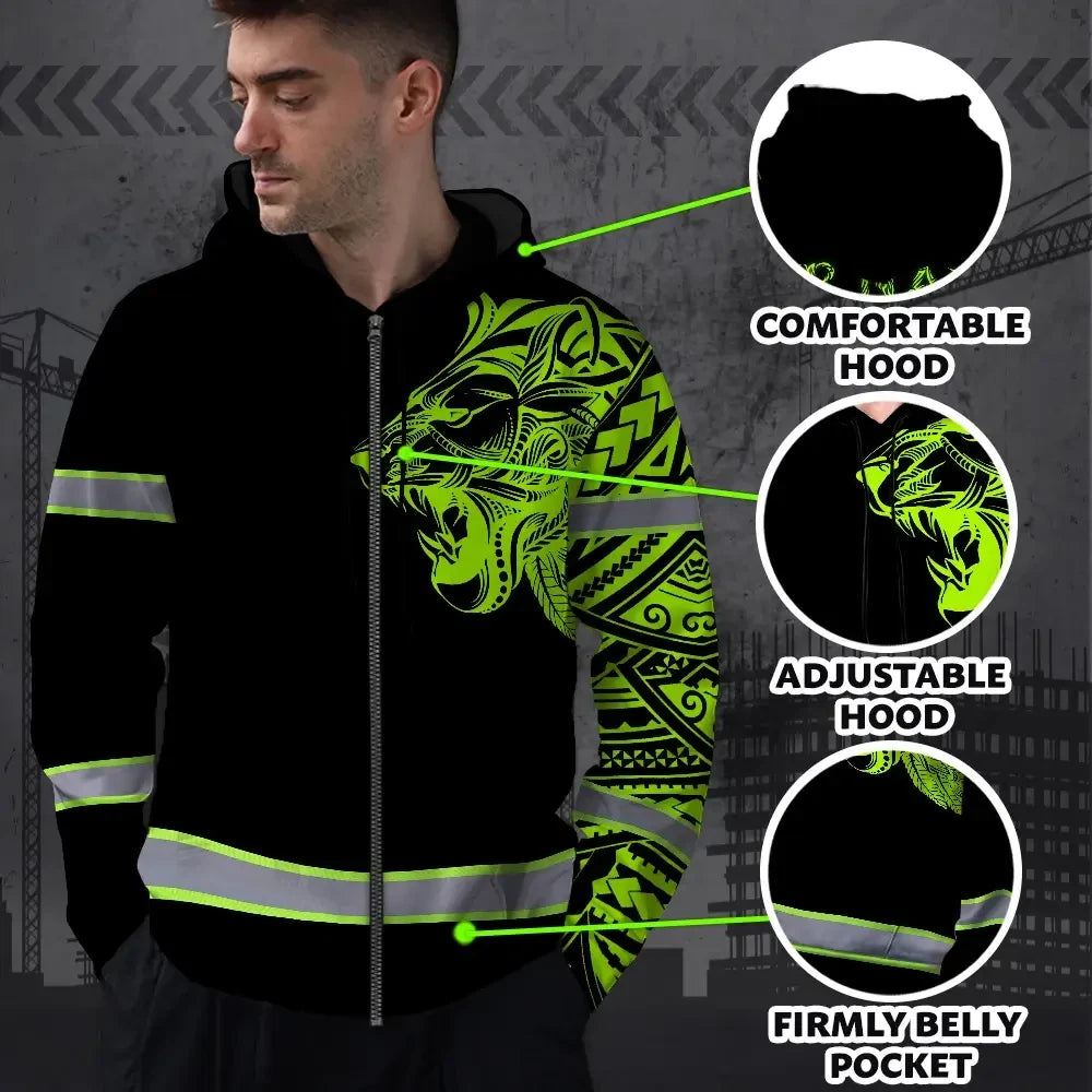 Hi Vis Zip Hoodie Reflective Tapes Lion Hawaiian Polynesian Tribal Custom Name