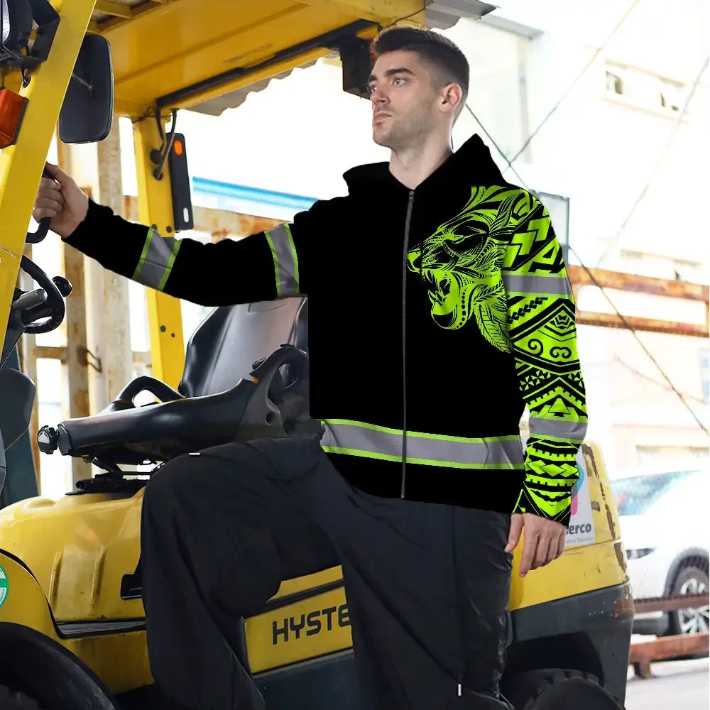 Hi Vis Zip Hoodie Reflective Tapes Lion Hawaiian Polynesian Tribal Custom Name