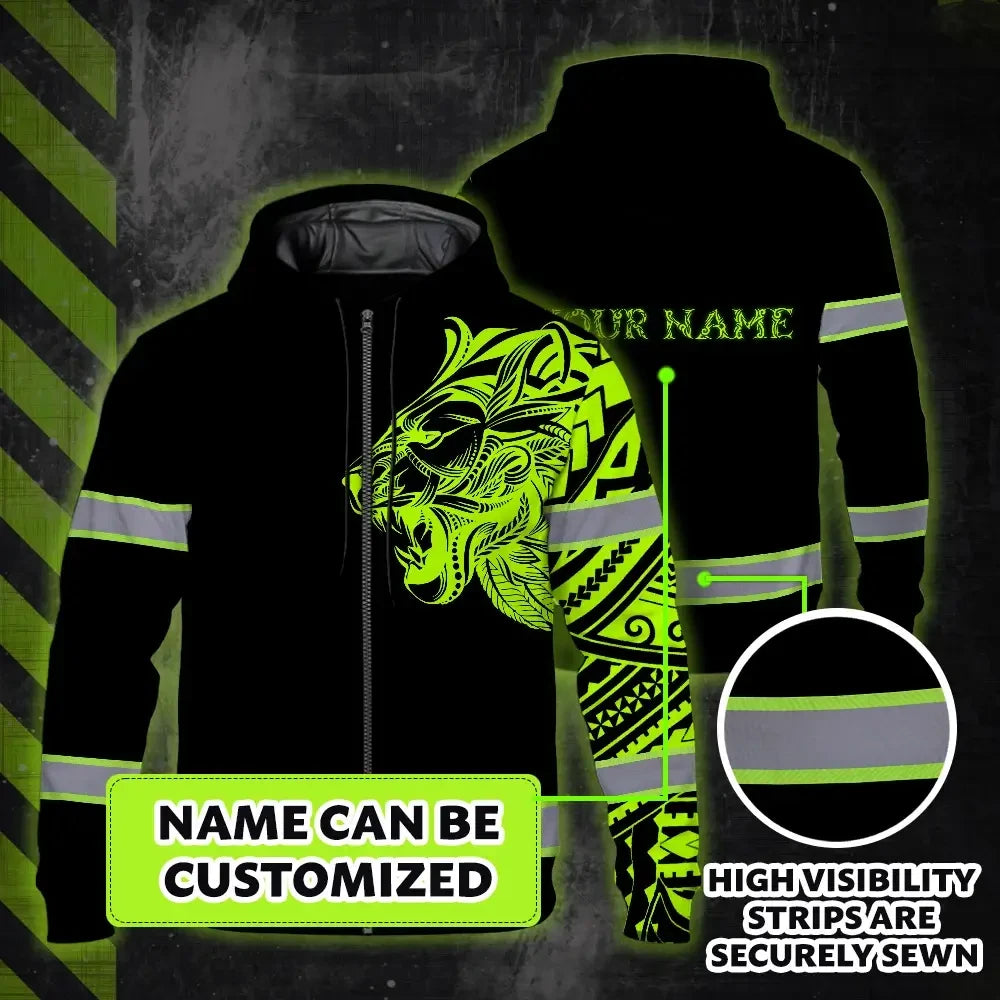 Hi Vis Zip Hoodie Reflective Tapes Lion Hawaiian Polynesian Tribal Custom Name