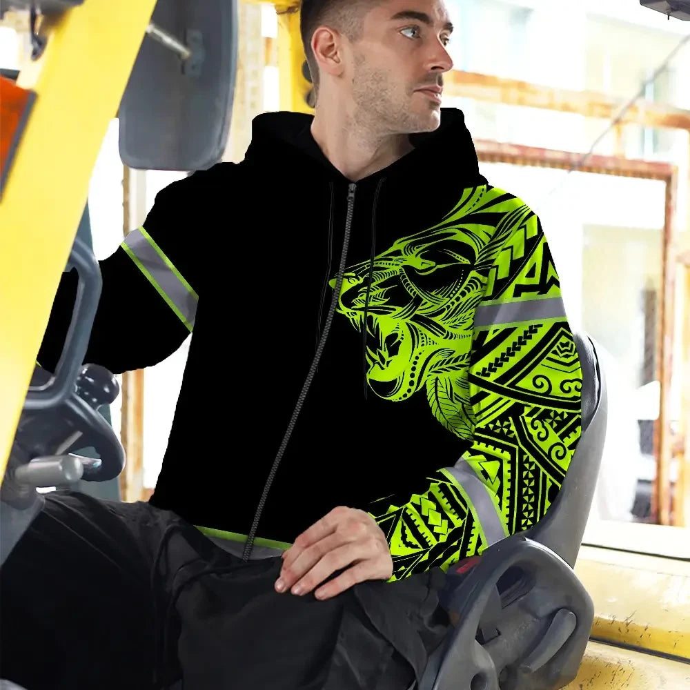 Hi Vis Zip Hoodie Reflective Tapes Lion Hawaiian Polynesian Tribal Custom Name