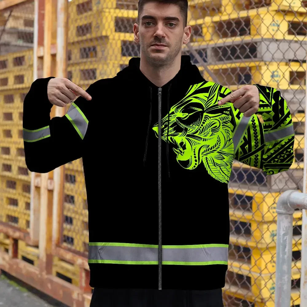 Hi Vis Zip Hoodie Reflective Tapes Lion Hawaiian Polynesian Tribal Custom Name