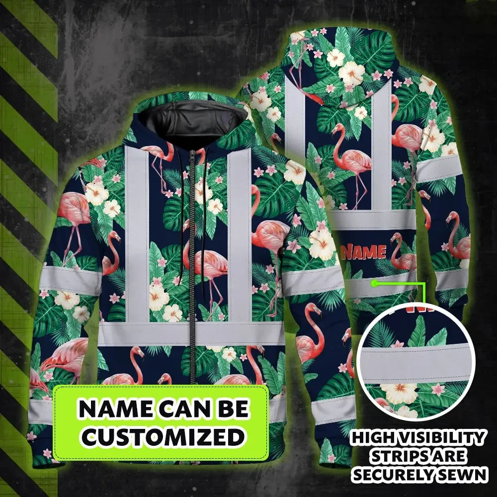 Hi Vis Zip Hoodie Reflective Tapes Neon Pink Flowers 2 Custom Name Safety Workwear For Workers, Truckers, Operators