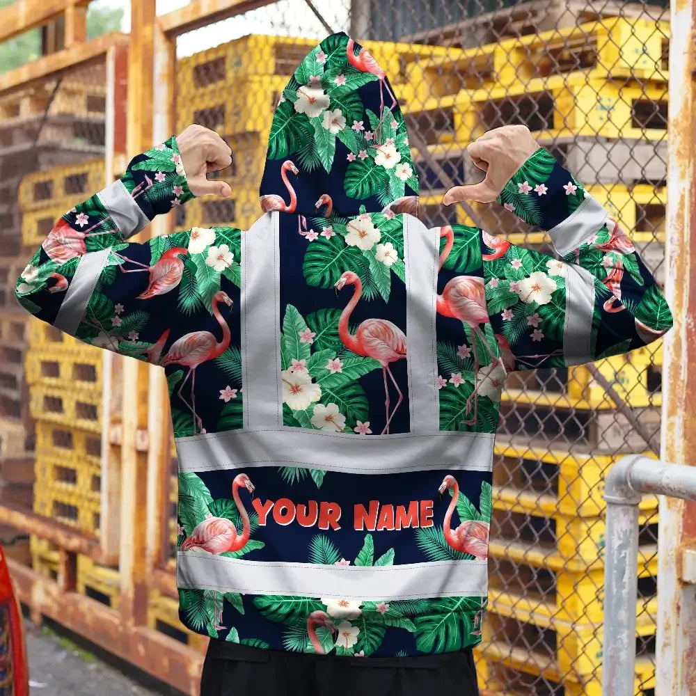 Hi Vis Zip Hoodie Reflective Tapes Neon Pink Flowers 2 Custom Name Safety Workwear For Workers, Truckers, Operators