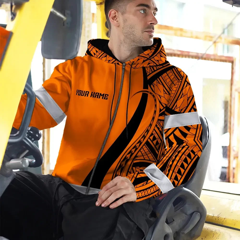 Hi Vis Zip Hoodie Reflective Tapes Orange And Black Neon Hawaii Custom Name Safety Workwear For Workers, Truckers, Operators