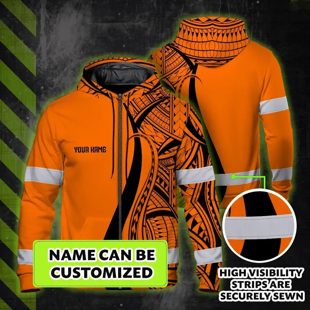 Hi Vis Zip Hoodie Reflective Tapes Orange And Black Neon Hawaii Custom Name Safety Workwear For Workers, Truckers, Operators