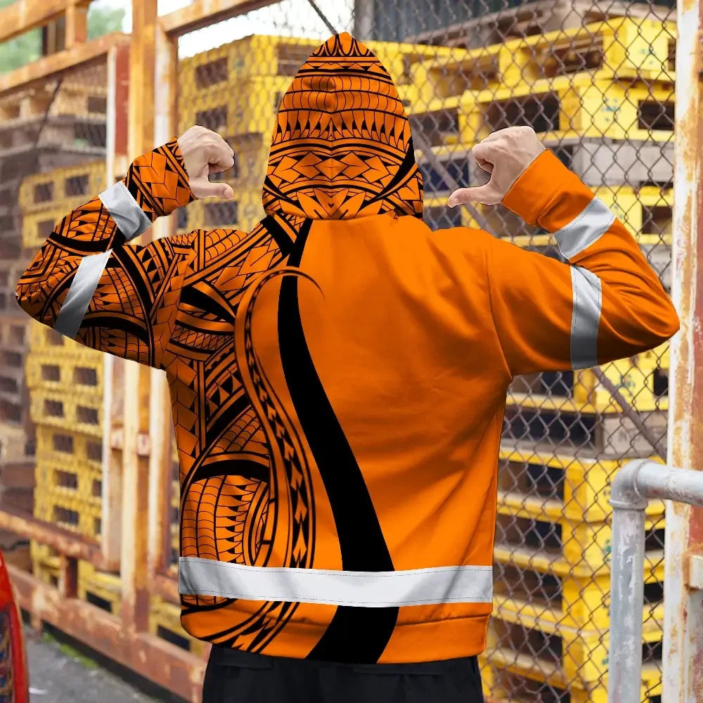 Hi Vis Zip Hoodie Reflective Tapes Orange And Black Neon Hawaii Custom Name Safety Workwear For Workers, Truckers, Operators