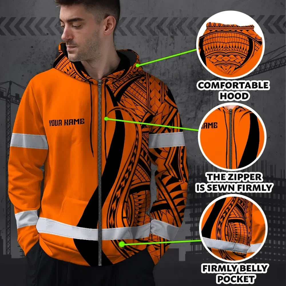 Hi Vis Zip Hoodie Reflective Tapes Orange And Black Neon Hawaii Custom Name Safety Workwear For Workers, Truckers, Operators