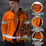 Hi Vis Zip Hoodie Reflective Tapes Orange And Black Neon Hawaii Custom Name Safety Workwear For Workers, Truckers, Operators