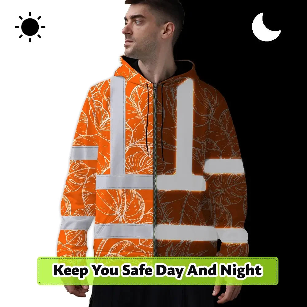 Hi Vis Zip Hoodie Reflective Tapes Orange Black Neon Flowers Custom Name Safety Workwear For Workers, Truckers, Operators
